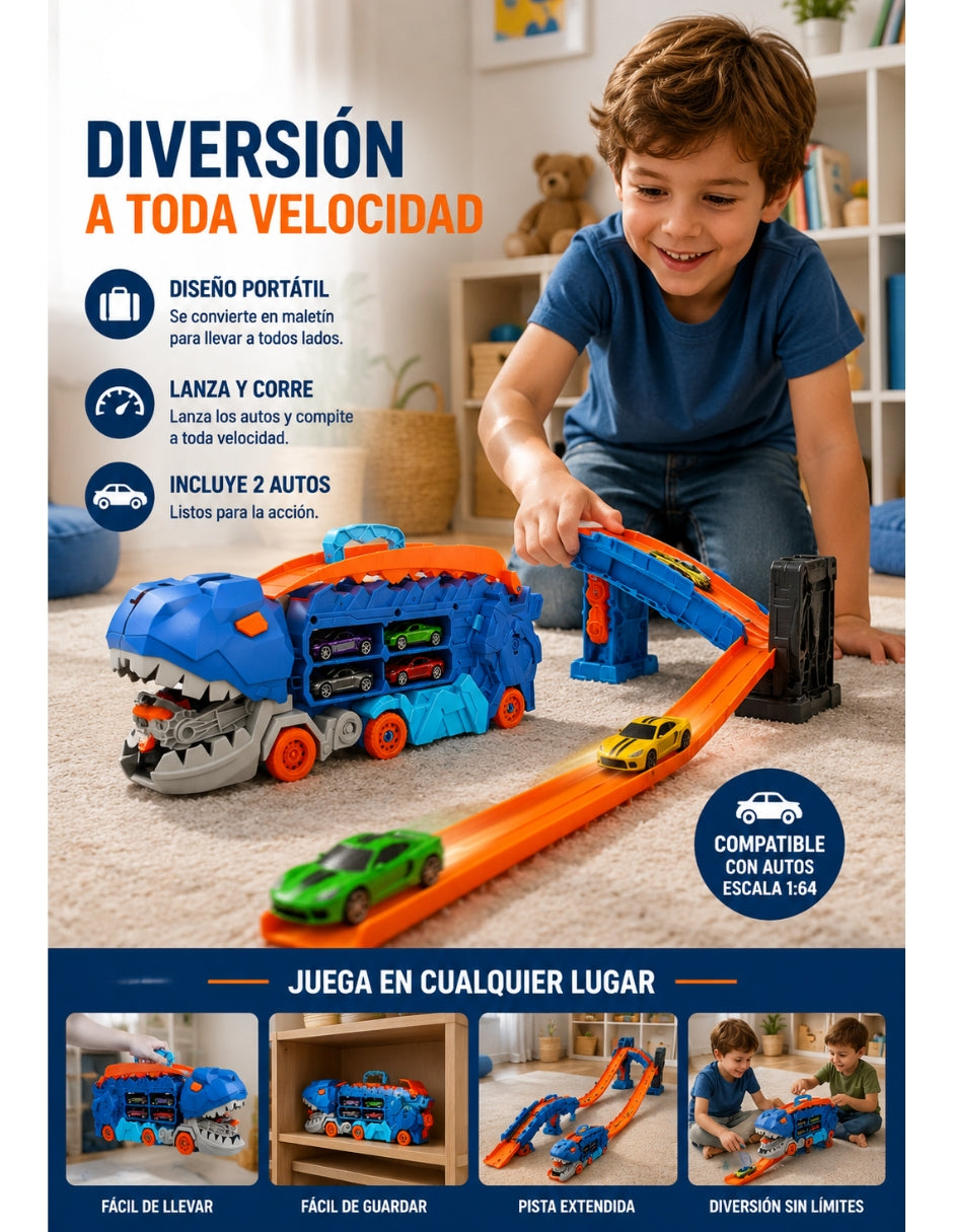 PINGÜE® City & Speed Dino Track 1:64 con Transporte y Almacenamiento, Azul