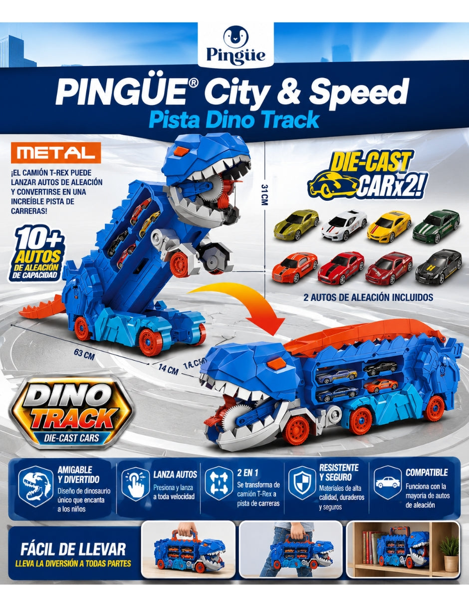 PINGÜE® City & Speed Dino Track 1:64 con Transporte y Almacenamiento, Azul