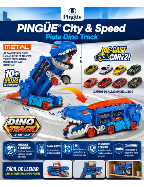 PINGÜE® City & Speed Dino Track 1:64 con Transporte y Almacenamiento, Azul