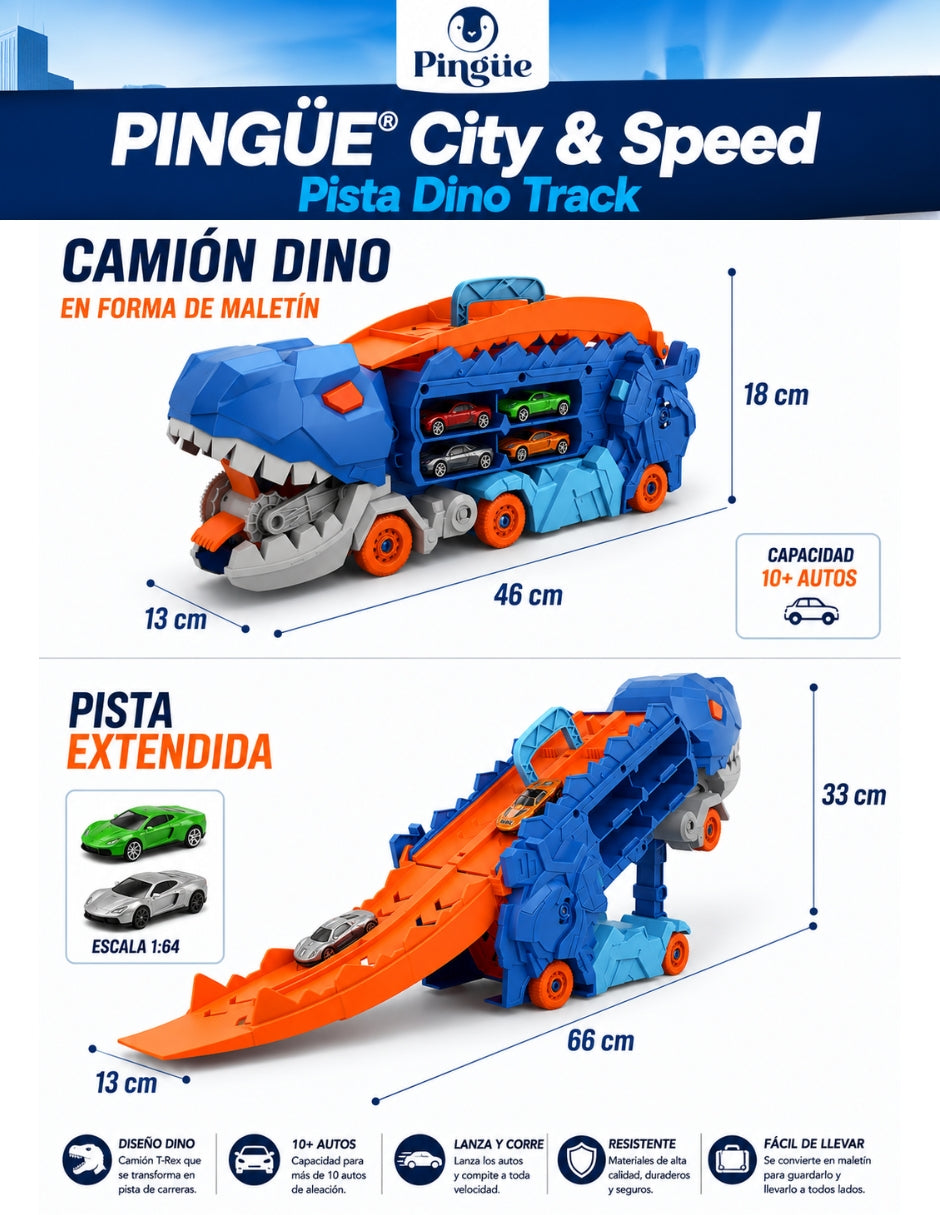 PINGÜE® City & Speed Dino Track 1:64 con Transporte y Almacenamiento, Azul