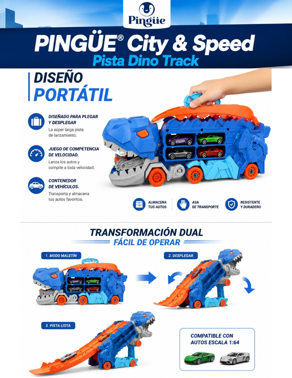 PINGÜE® City & Speed Dino Track 1:64 con Transporte y Almacenamiento, Azul