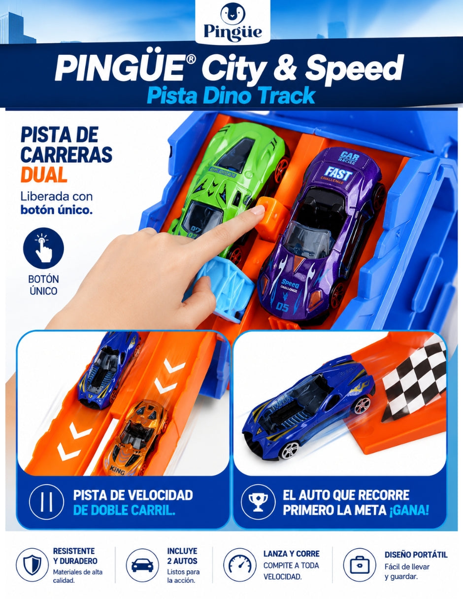 PINGÜE® City & Speed Dino Track 1:64 con Transporte y Almacenamiento, Azul