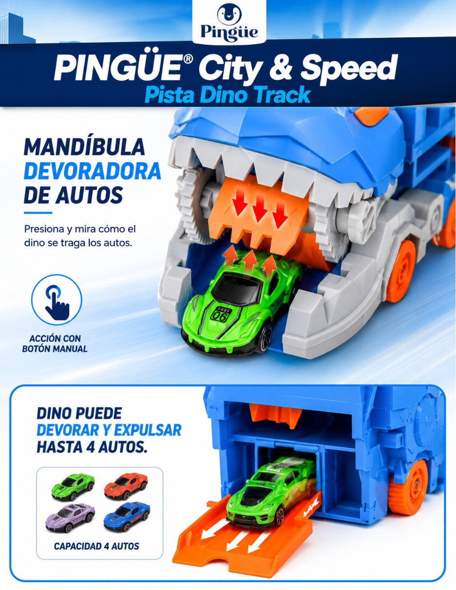 PINGÜE® City & Speed Dino Track 1:64 con Transporte y Almacenamiento, Azul