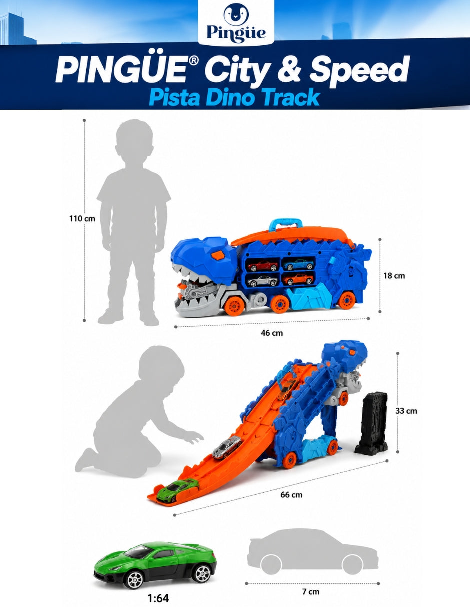PINGÜE® City & Speed Dino Track 1:64 con Transporte y Almacenamiento, Azul