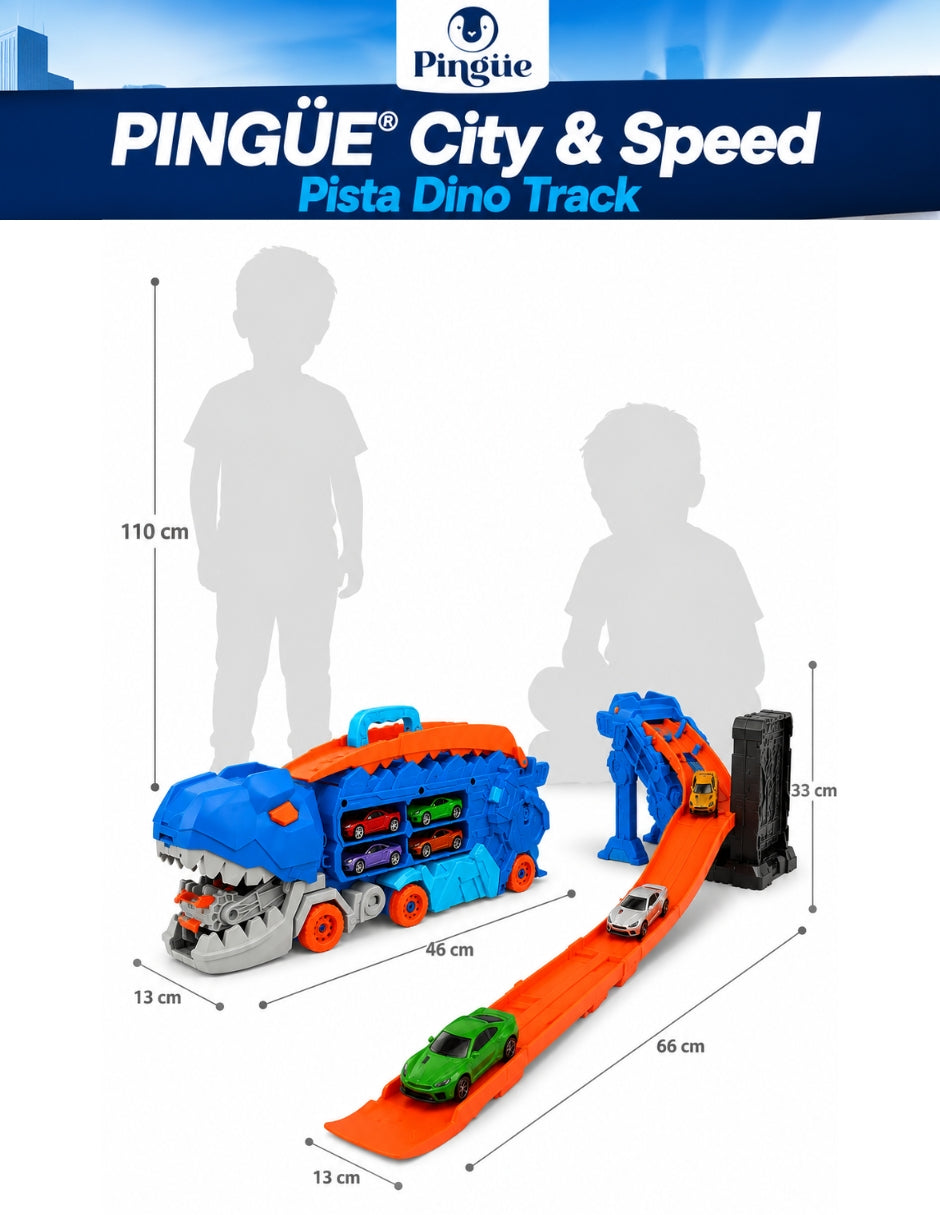 PINGÜE® City & Speed Dino Track 1:64 con Transporte y Almacenamiento, Azul