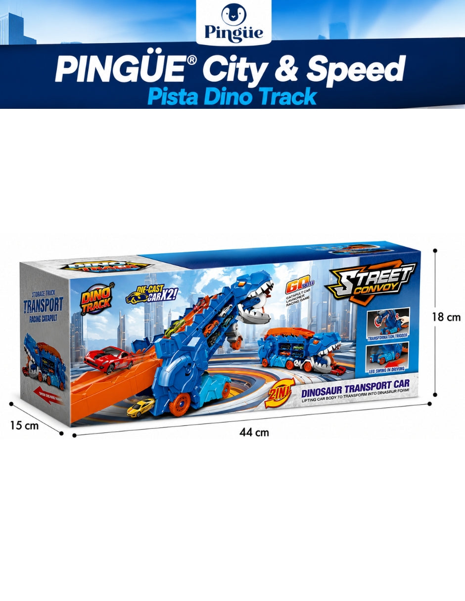 PINGÜE® City & Speed Dino Track 1:64 con Transporte y Almacenamiento, Azul