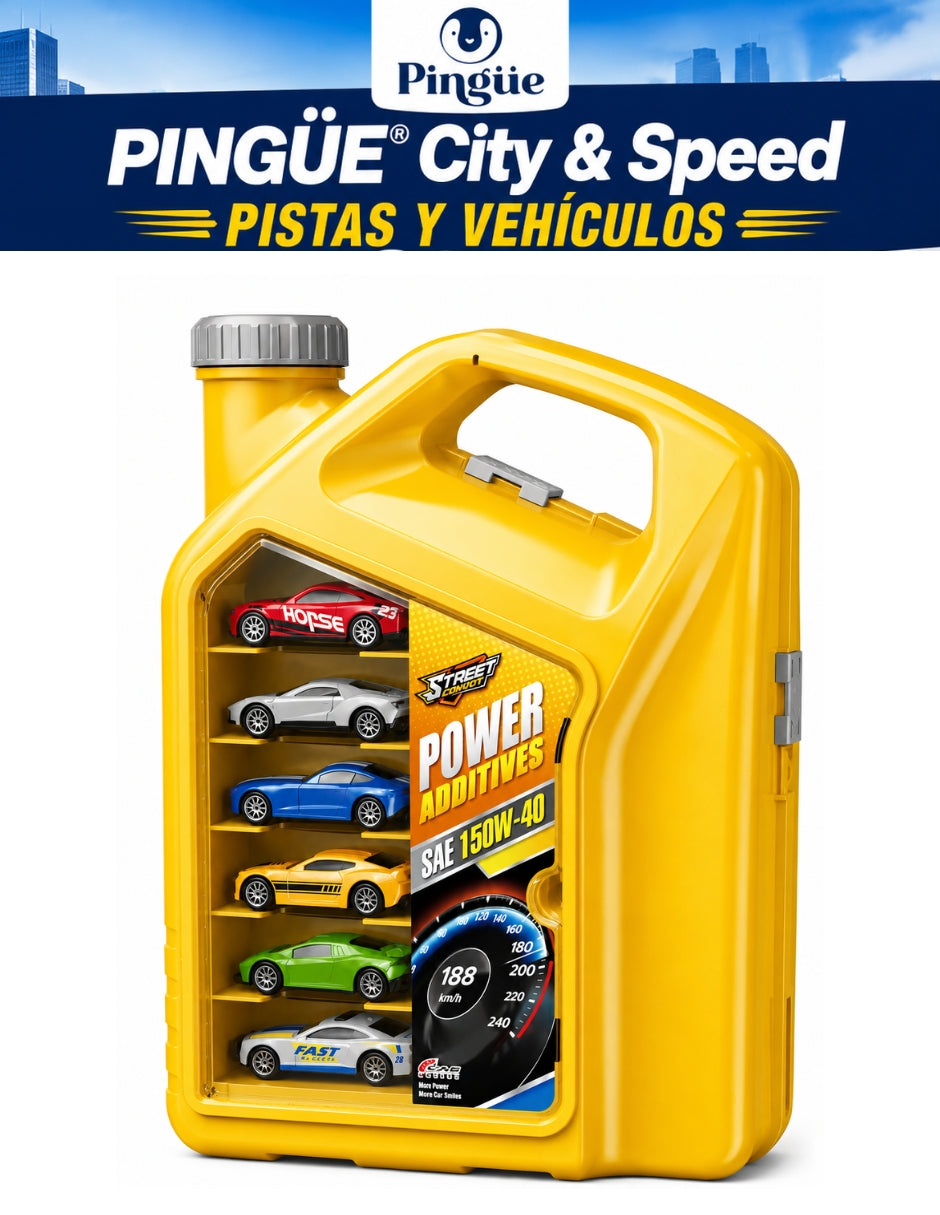 PINGÜE® City & Speed Garage Tipo Galón con Pista 1:64 para 12 Autos, Amarillo