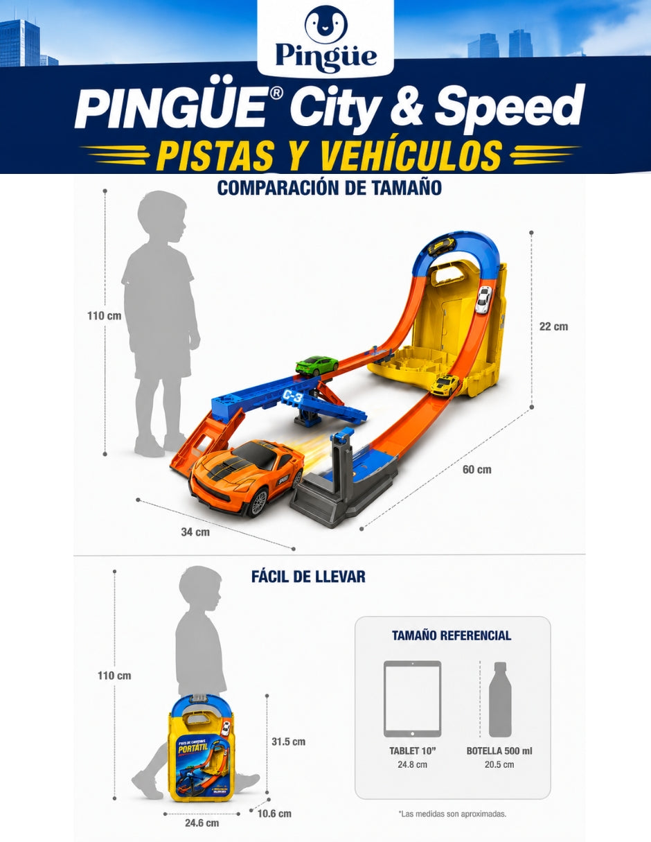 PINGÜE® City & Speed Garage Tipo Galón con Pista 1:64 para 12 Autos, Amarillo