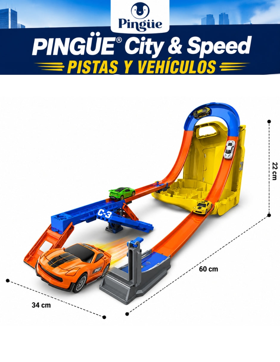 PINGÜE® City & Speed Garage Tipo Galón con Pista 1:64 para 12 Autos, Amarillo
