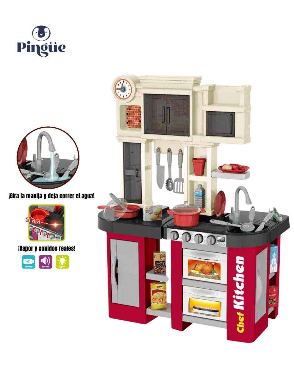 PINGÜE® Role Play | Set a escala de cocina de juguete para niños y niñas con luces y sonidos, y más de 58 piezas. | Incluye cocina a escala, accesorios, utensilios, verduras, sonidos y luz. | Juguete infantil didáctico para niña y niño