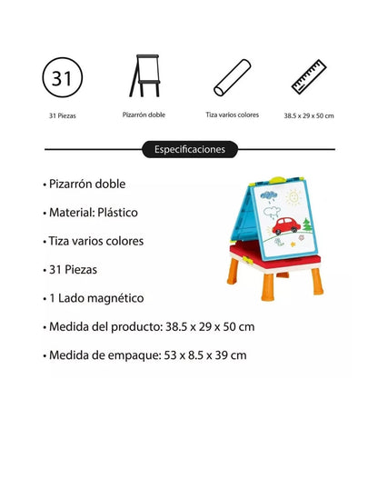PINGÜE® Caballete y Pizarrón de Doble Vista para dibujo | Portátil y fácil de guardar | Tablero Magnético y Pizarrón | Doble Cara | Juguetes Educativos y Creativos para Preescolares | Incluye Caballete, Gis, Plumones, Borradores y Juego de Mesa