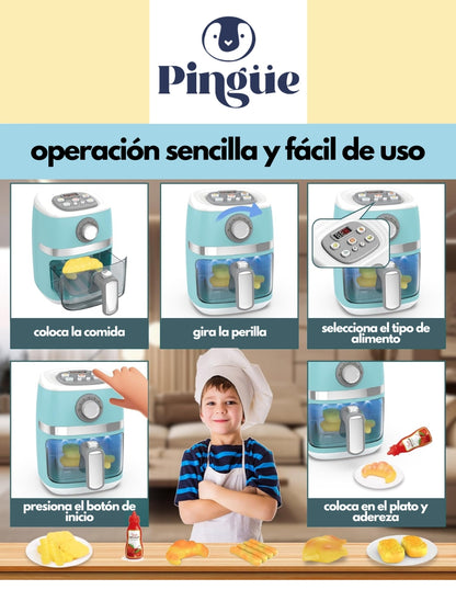 PINGÜE® Role Play | Set a escala de Air Fryer eléctrica estilo Trendy | Color Azul Pastel | Juguetes Niños yNiñas