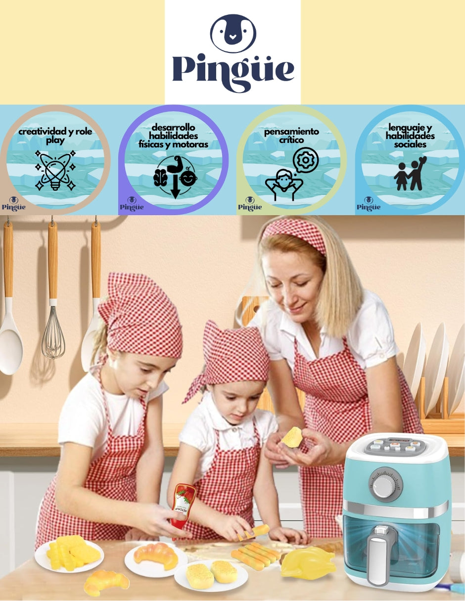 PINGÜE® Role Play | Set a escala de Air Fryer eléctrica estilo Trendy | Color Azul Pastel | Juguetes Niños yNiñas