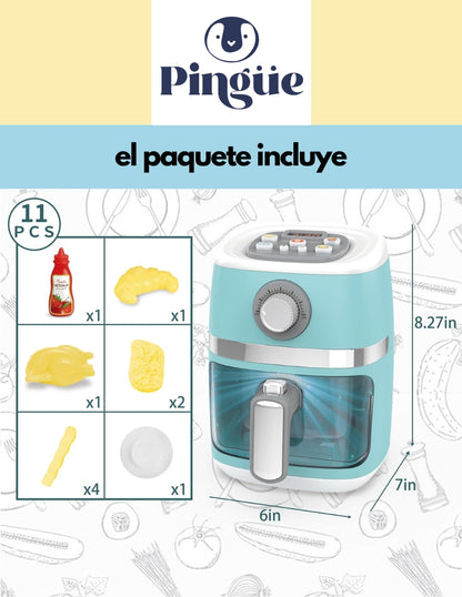 PINGÜE® Role Play | Set a escala de Air Fryer eléctrica estilo Trendy | Color Azul Pastel | Juguetes Niños yNiñas