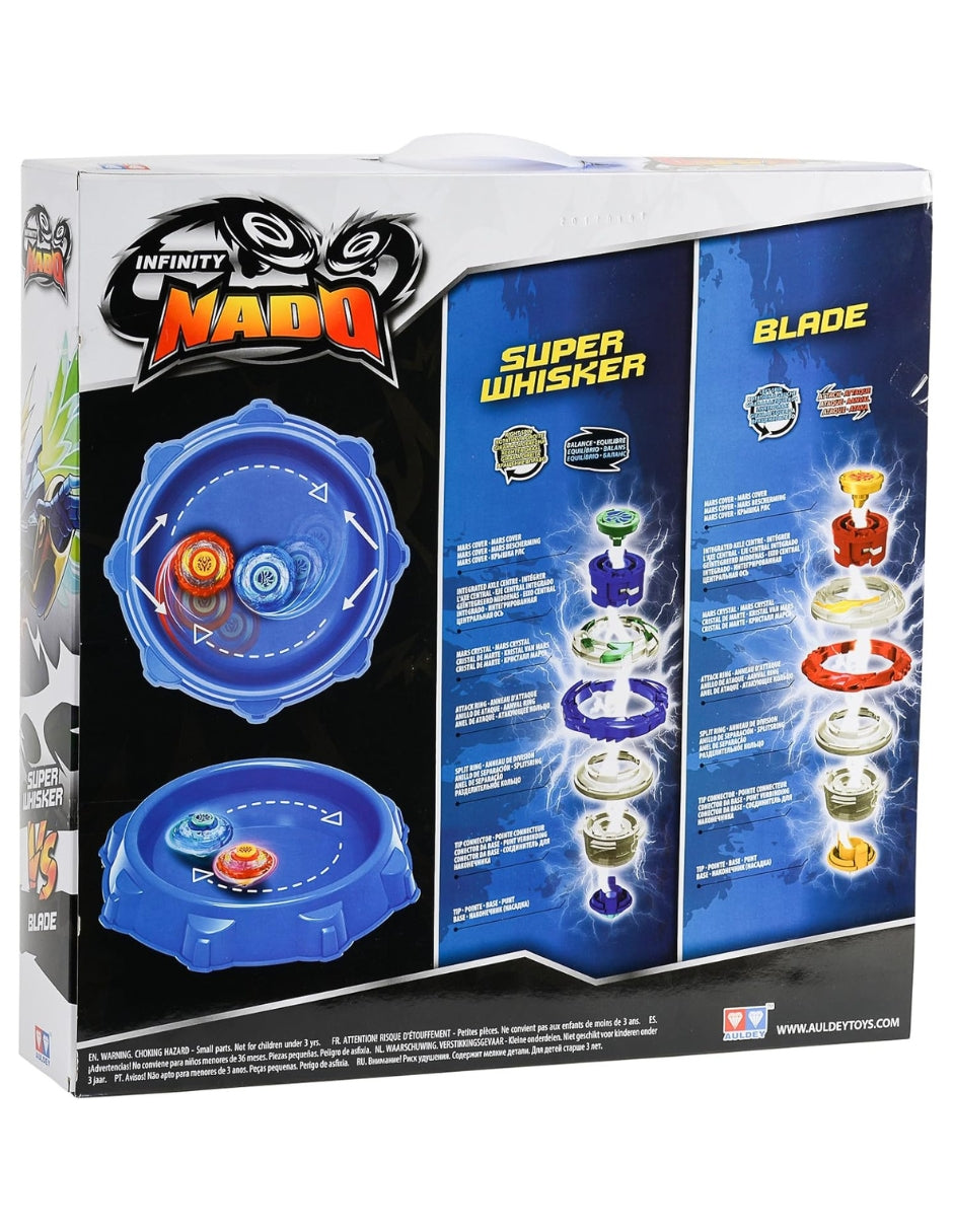 Infinity Nado Set de Batalla | Super Whisker & Blade | Infinity Nado | Playset | Edición de Lujo | Trompos Metálicos | Lanzadores Magnéticos | 2 Jugadores |