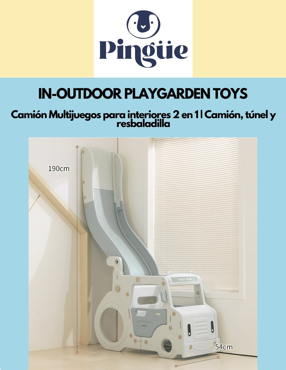PINGÜE® In-Outdoors | Camión Multijuegos para interiores 2 en 1 | Camión, túnel y resbaladilla| Parque infantil interior y exterior| Juguetes para Niños | Fabricado con HDPE | 202 x 54 x 81 cm