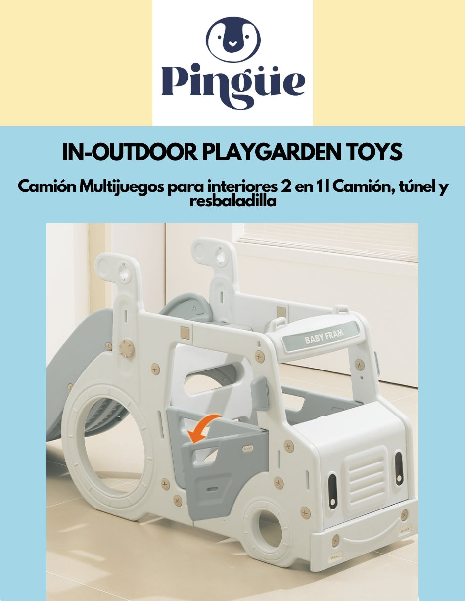 PINGÜE® In-Outdoors | Camión Multijuegos para interiores 2 en 1 | Camión, túnel y resbaladilla| Parque infantil interior y exterior| Juguetes para Niños | Fabricado con HDPE | 202 x 54 x 81 cm