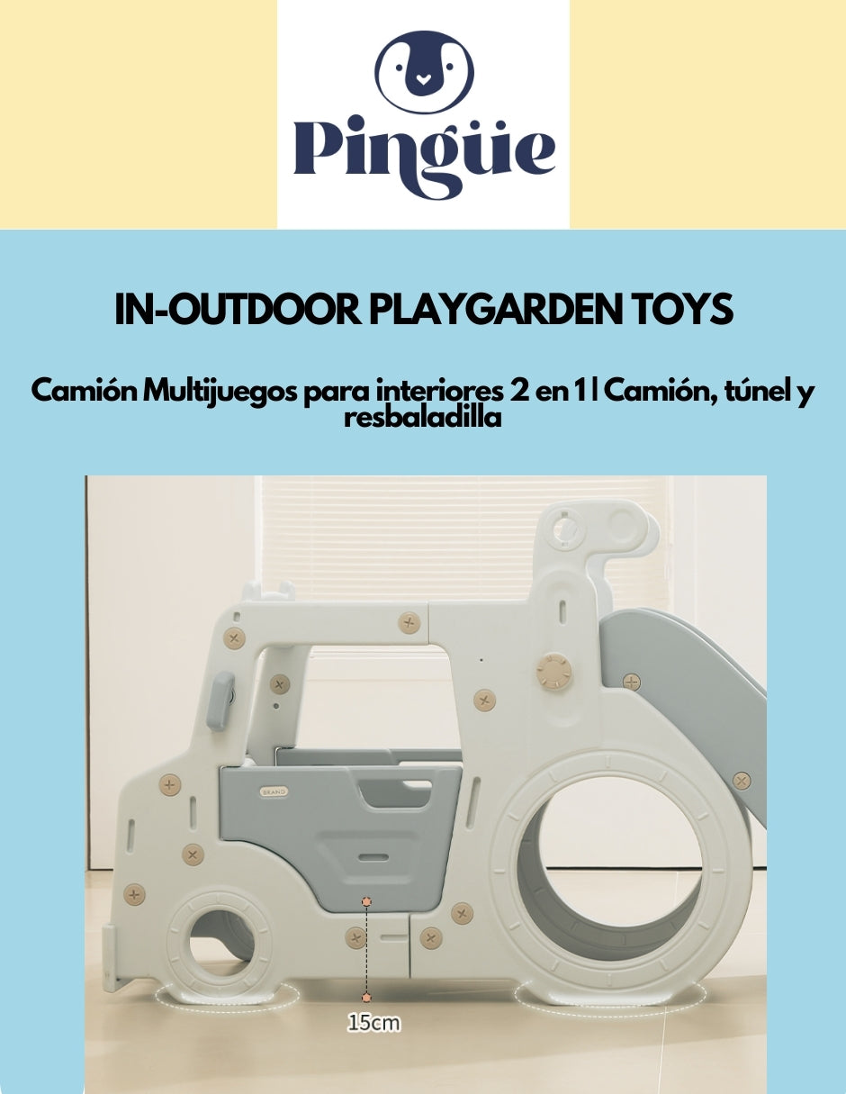 PINGÜE® In-Outdoors | Camión Multijuegos para interiores 2 en 1 | Camión, túnel y resbaladilla| Parque infantil interior y exterior| Juguetes para Niños | Fabricado con HDPE | 202 x 54 x 81 cm