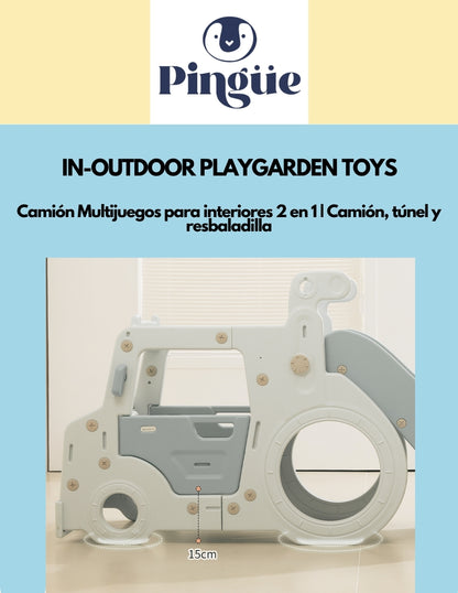 PINGÜE® In-Outdoors | Camión Multijuegos para interiores 2 en 1 | Camión, túnel y resbaladilla| Parque infantil interior y exterior| Juguetes para Niños | Fabricado con HDPE | 202 x 54 x 81 cm