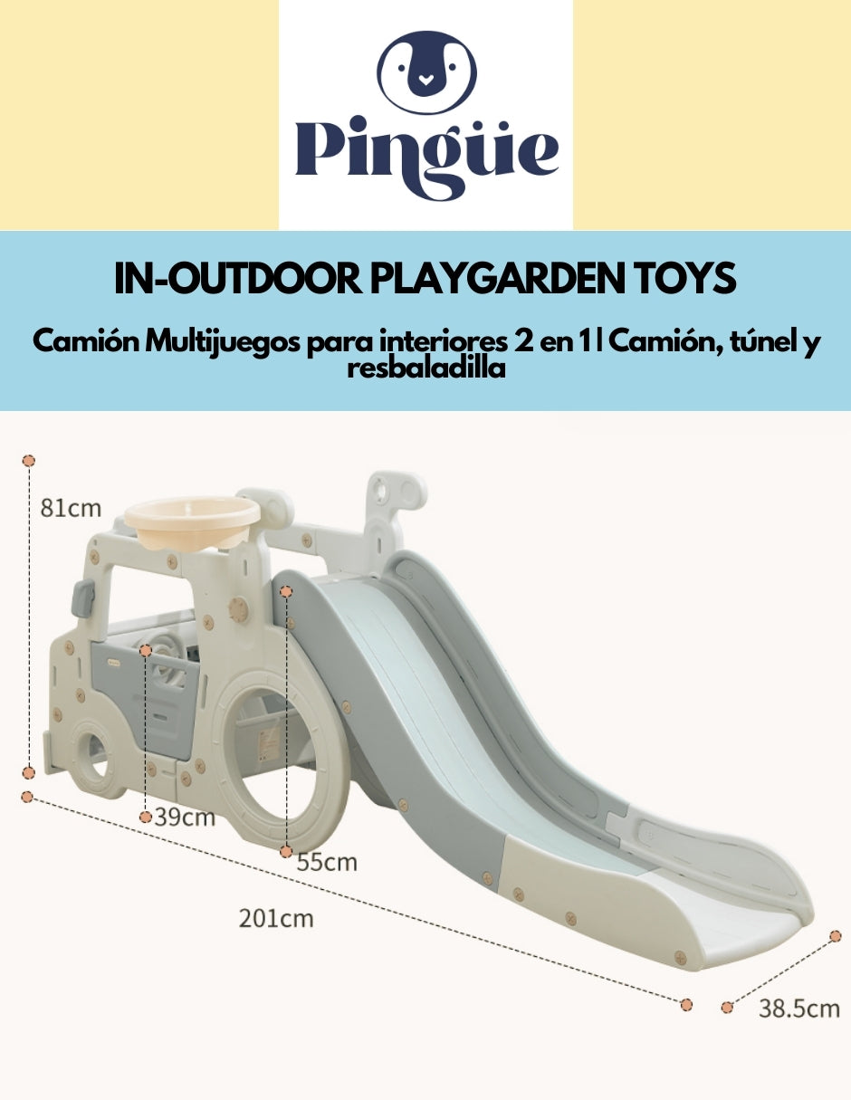 PINGÜE® In-Outdoors | Camión Multijuegos para interiores 2 en 1 | Camión, túnel y resbaladilla| Parque infantil interior y exterior| Juguetes para Niños | Fabricado con HDPE | 202 x 54 x 81 cm