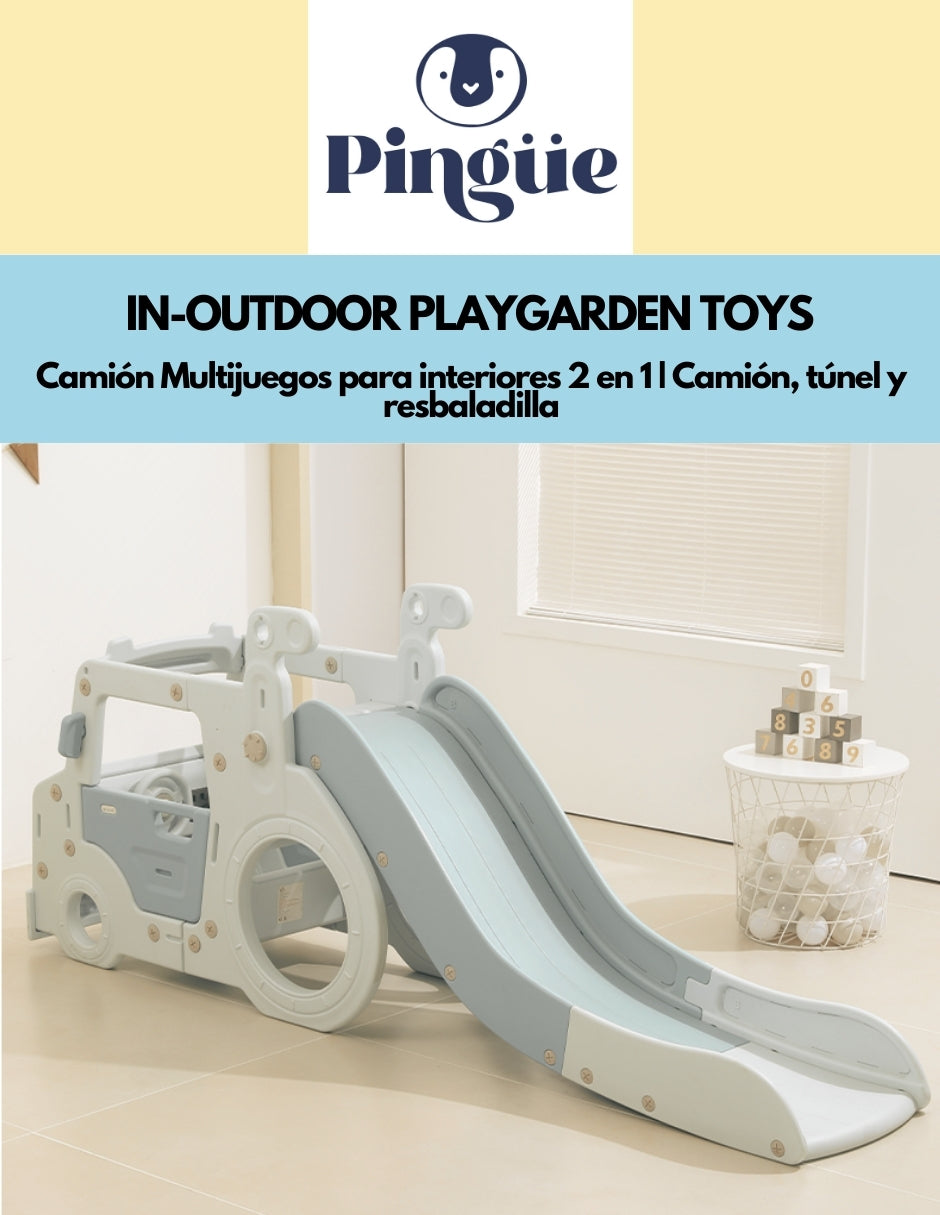 PINGÜE® In-Outdoors | Camión Multijuegos para interiores 2 en 1 | Camión, túnel y resbaladilla| Parque infantil interior y exterior| Juguetes para Niños | Fabricado con HDPE | 202 x 54 x 81 cm