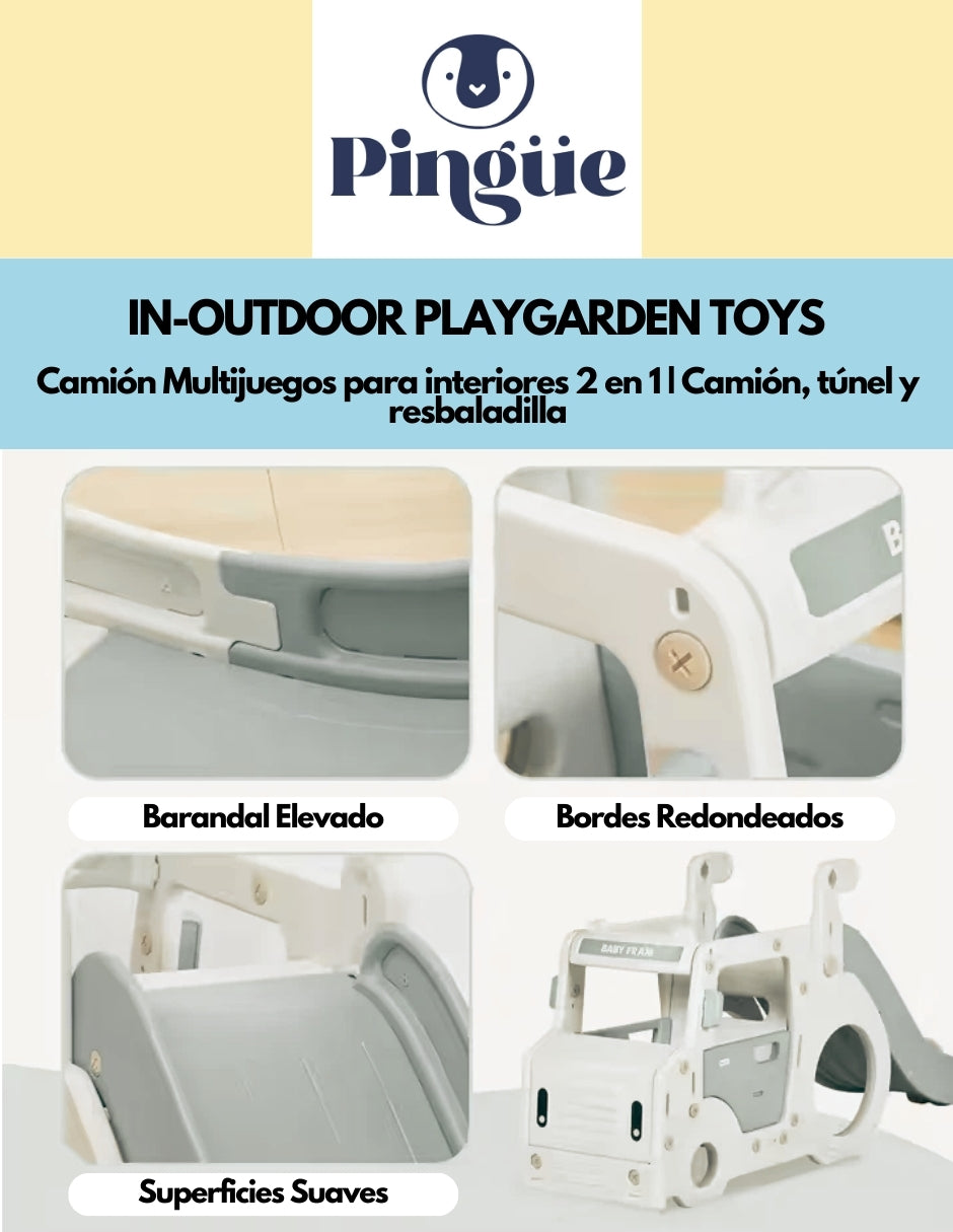 PINGÜE® In-Outdoors | Camión Multijuegos para interiores 2 en 1 | Camión, túnel y resbaladilla| Parque infantil interior y exterior| Juguetes para Niños | Fabricado con HDPE | 202 x 54 x 81 cm