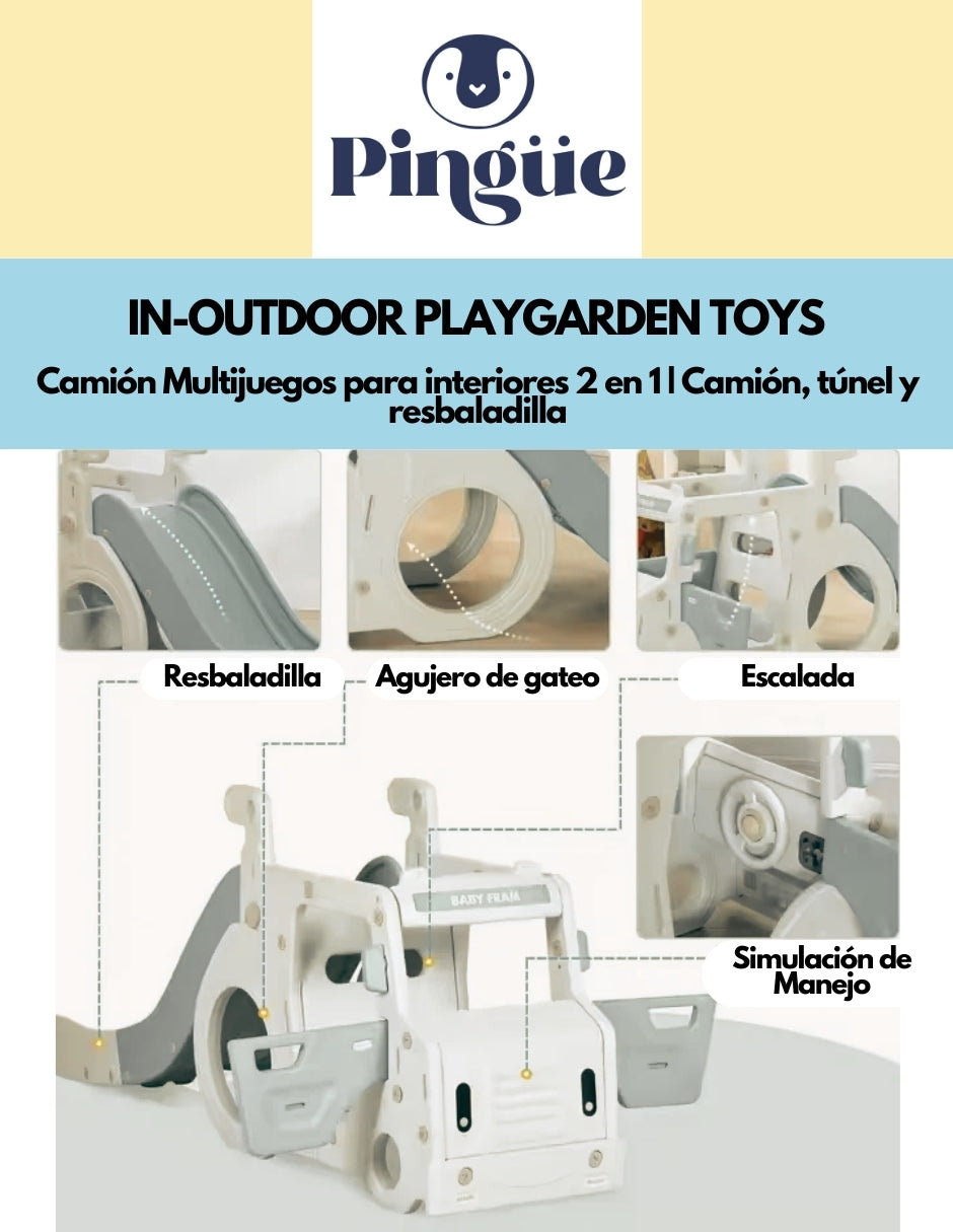 PINGÜE® In-Outdoors | Camión Multijuegos para interiores 2 en 1 | Camión, túnel y resbaladilla| Parque infantil interior y exterior| Juguetes para Niños | Fabricado con HDPE | 202 x 54 x 81 cm