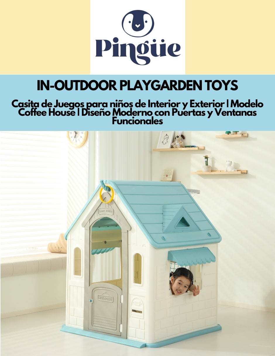 PINGÜE® Outdoors | Casita de Juegos para niños de Interior y Exterior | Modelo Coffee House | Diseño Moderno con Puertas y Ventanas Funcionales | Juguetes Niño y Niña | Tamaño 89 x 88 x 107 cm