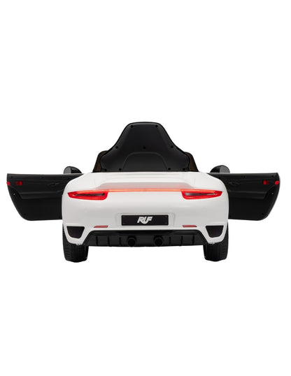 PINGÜE® Montable Eléctrico Niños Porsche® RUF GT Licencia Oficial | Control Remoto 2.4 GHz | Batería 12V 7AH |8 Km/h | 2 Motores 390 | Luces LED, Música, Radio| WHITE