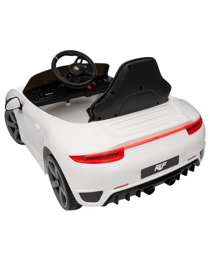 PINGÜE® Montable Eléctrico Niños Porsche® RUF GT Licencia Oficial | Control Remoto 2.4 GHz | Batería 12V 7AH |8 Km/h | 2 Motores 390 | Luces LED, Música, Radio| WHITE
