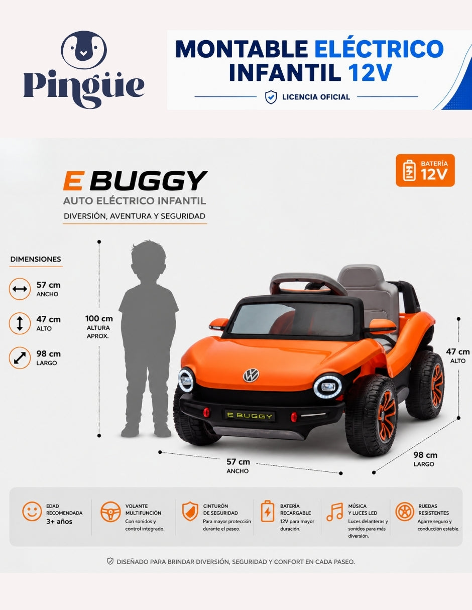 PINGÜE® Montable Eléctrico Niños Volkswagen® E Buggy® Licencia Oficial 12V