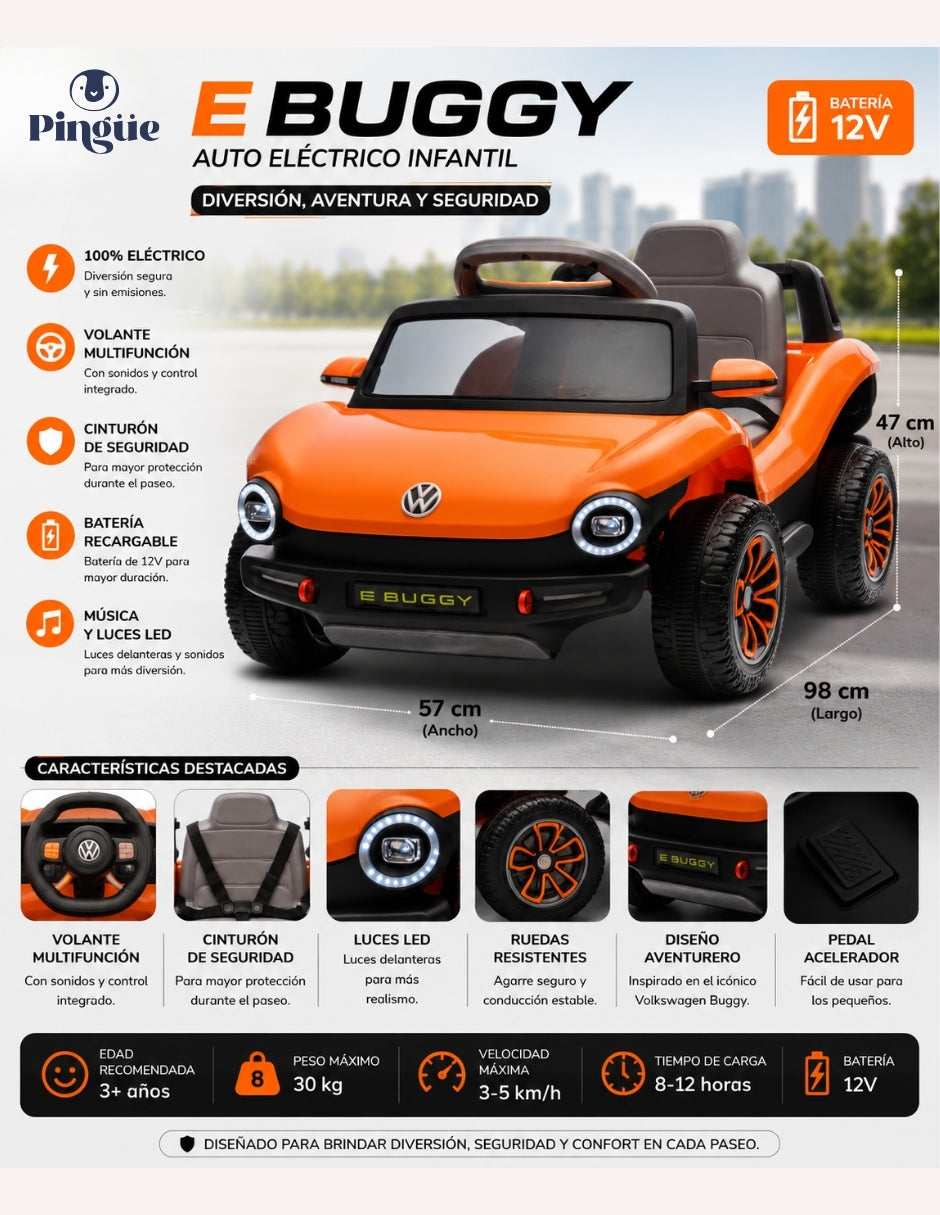 PINGÜE® Montable Eléctrico Niños Volkswagen® E Buggy® Licencia Oficial 12V