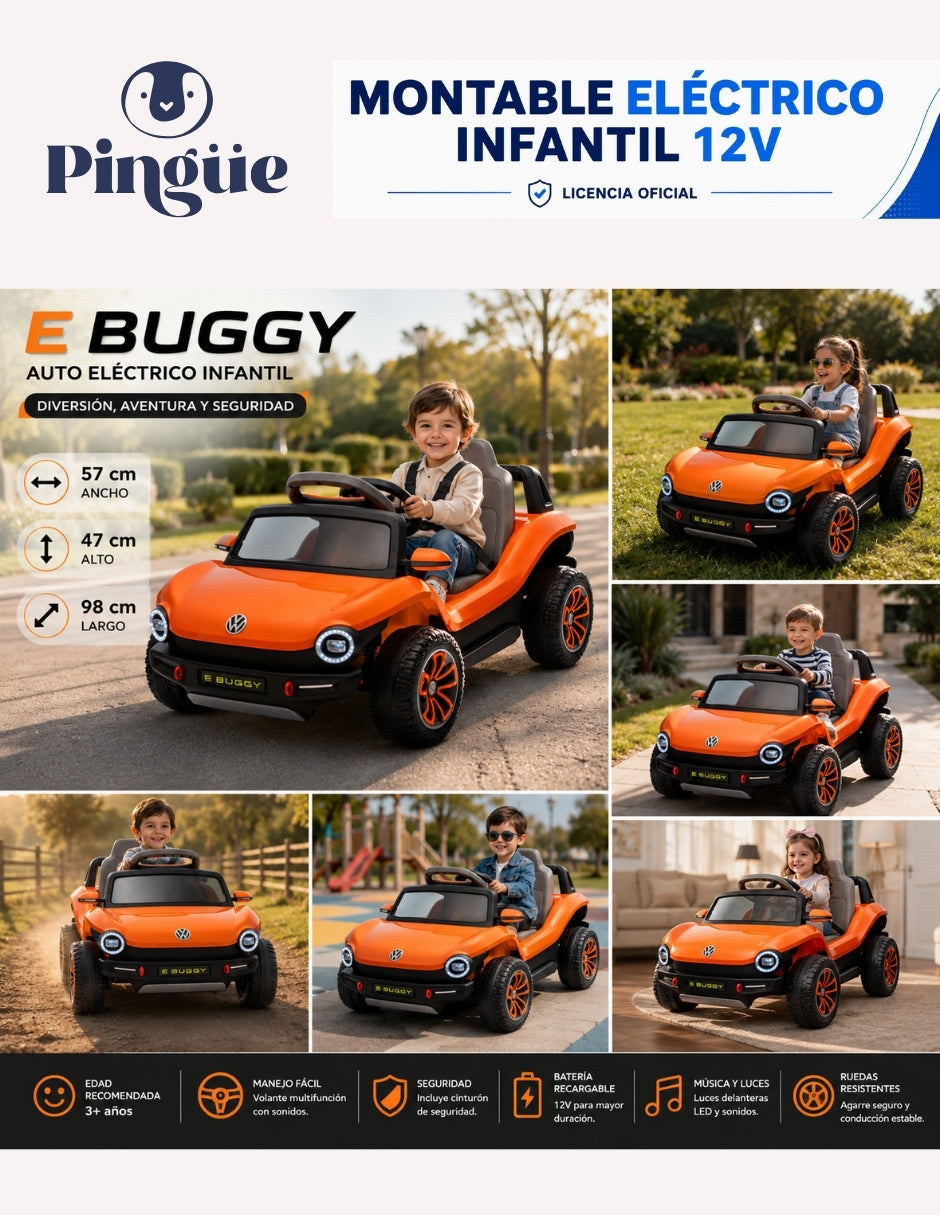 PINGÜE® Montable Eléctrico Niños Volkswagen® E Buggy® Licencia Oficial 12V