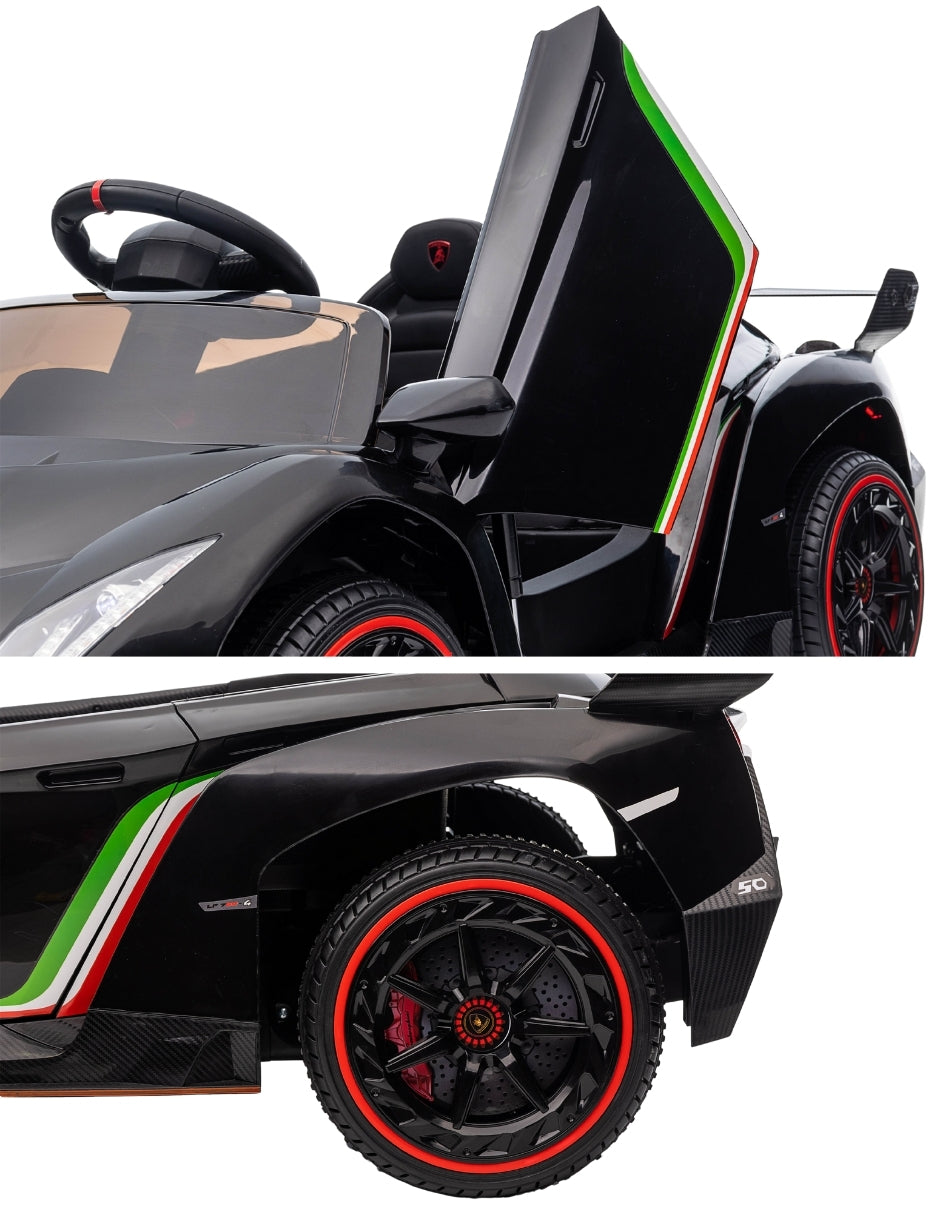 PINGÜE® Montable Eléctrico para Niños| Lamborghini® Veneno Licencia Oficial | Control Remoto 2.4Ghz | Batería 12V 4.5AH | USB Música Radio Luz LED | 2 Motor 25W | BLACK