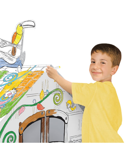 PINGÜE® DIY Doodle | Casa de la Jungla 79x63x109 | Casa Armable de Cartón para Niños | Apto para Pintar | Incluye 6 Marcadores | Uso Interior y Exterior | Amigable al Medio Ambiente | Juguetes Niños y Niñas | Juguete Educativo