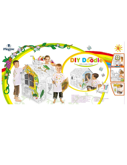 PINGÜE® DIY Doodle | Casa de la Jungla 79x63x109 | Casa Armable de Cartón para Niños | Apto para Pintar | Incluye 6 Marcadores | Uso Interior y Exterior | Amigable al Medio Ambiente | Juguetes Niños y Niñas | Juguete Educativo