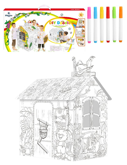 PINGÜE® DIY Doodle | Casa de la Jungla 79x63x109 | Casa Armable de Cartón para Niños | Apto para Pintar | Incluye 6 Marcadores | Uso Interior y Exterior | Amigable al Medio Ambiente | Juguetes Niños y Niñas | Juguete Educativo