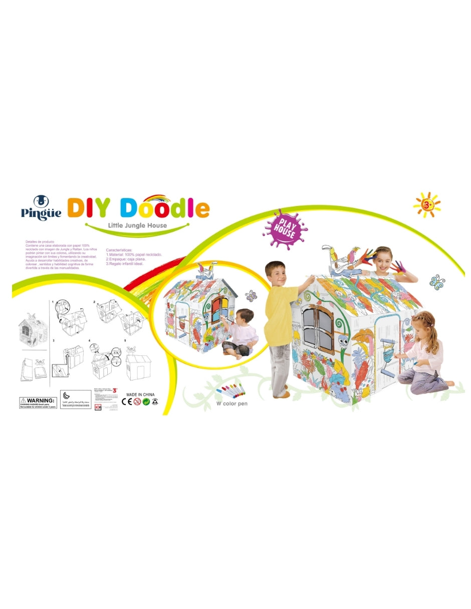 PINGÜE® DIY Doodle | Casa de la Jungla 79x63x109 | Casa Armable de Cartón para Niños | Apto para Pintar | Incluye 6 Marcadores | Uso Interior y Exterior | Amigable al Medio Ambiente | Juguetes Niños y Niñas | Juguete Educativo