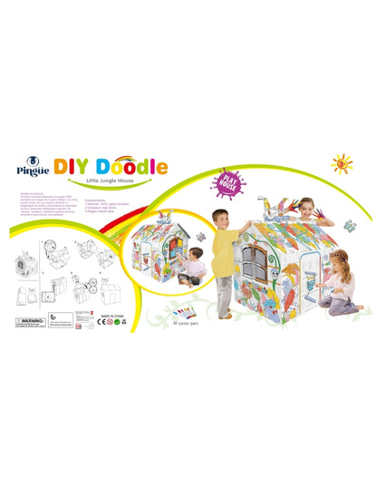 PINGÜE® DIY Doodle | Casa de la Jungla 79x63x109 | Casa Armable de Cartón para Niños | Apto para Pintar | Incluye 6 Marcadores | Uso Interior y Exterior | Amigable al Medio Ambiente | Juguetes Niños y Niñas | Juguete Educativo