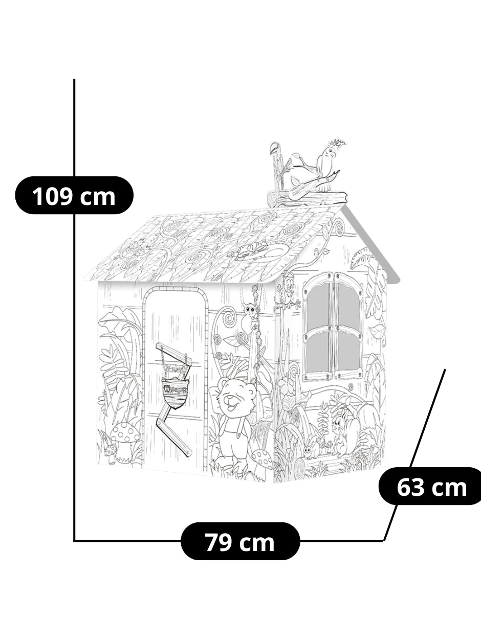 PINGÜE® DIY Doodle | Casa de la Jungla 79x63x109 | Casa Armable de Cartón para Niños | Apto para Pintar | Incluye 6 Marcadores | Uso Interior y Exterior | Amigable al Medio Ambiente | Juguetes Niños y Niñas | Juguete Educativo