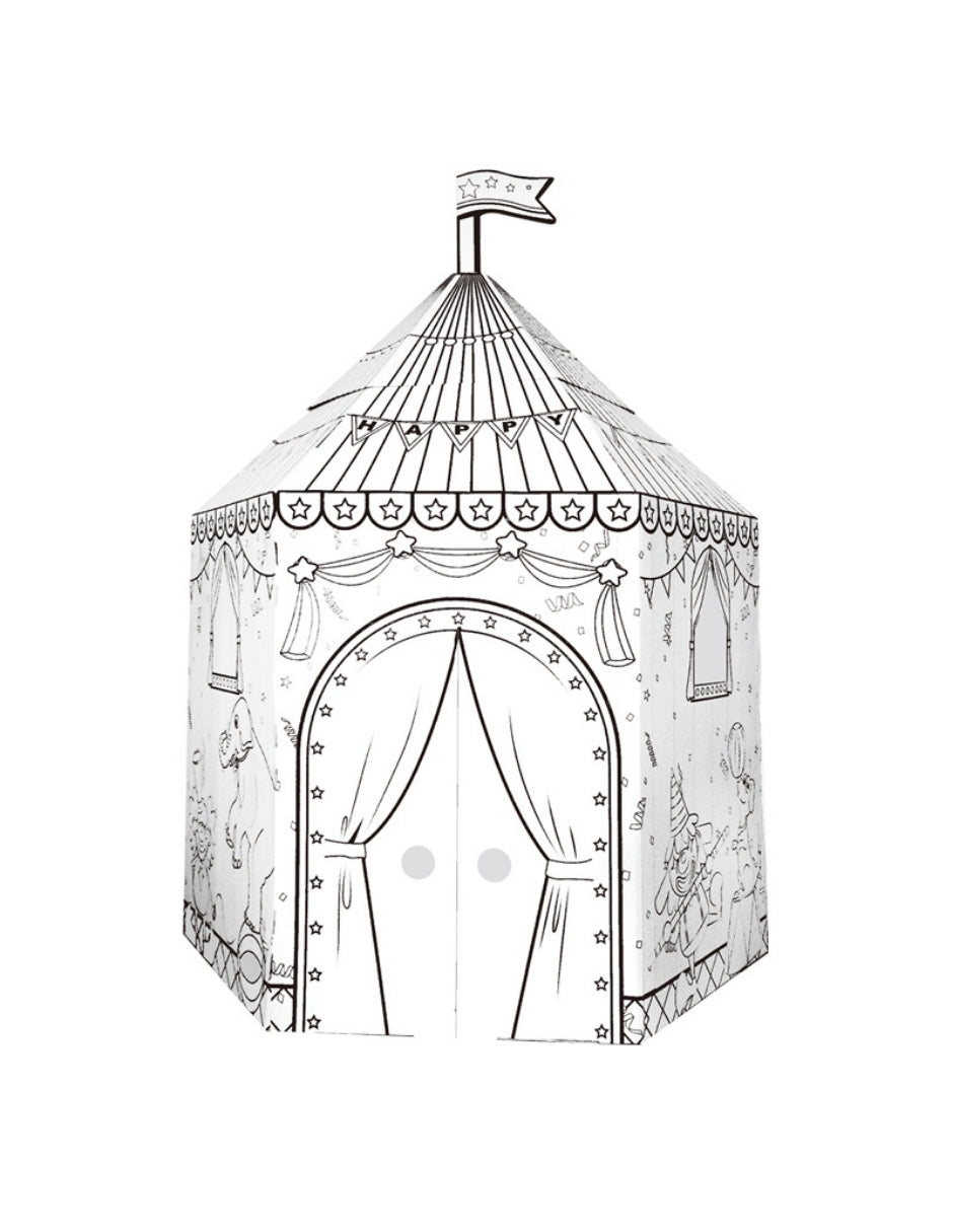 PINGÜE® DIY Doodle | Carpa de Circo 102x88x147 | Carpa Armable de Cartón para Niños | Apta para Pintar | Incluye 6 Marcadores de Colores | Uso Interior y Exterior | Amigable al Medio Ambiente | Juguetes Niños y Niñas | Juguete Educativo