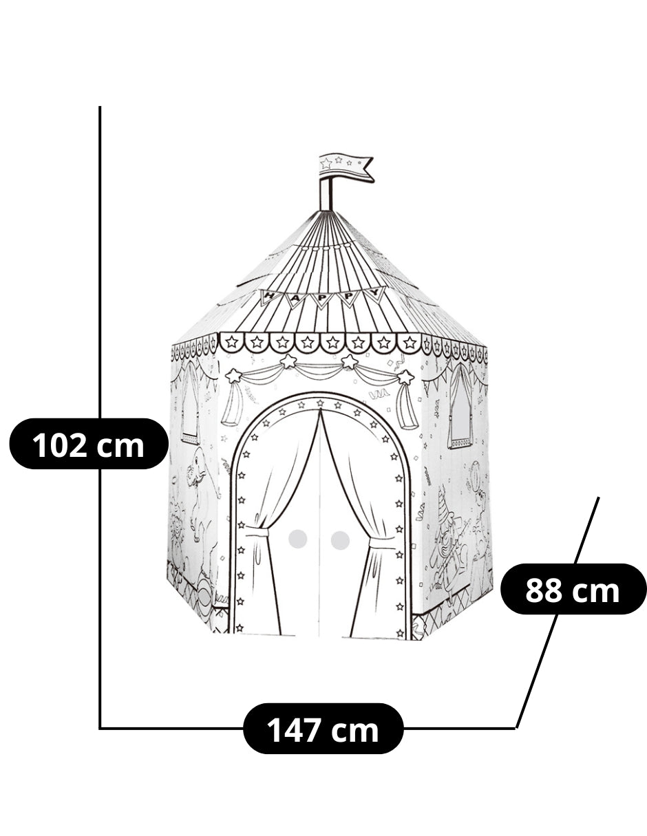 PINGÜE® DIY Doodle | Carpa de Circo 102x88x147 | Carpa Armable de Cartón para Niños | Apta para Pintar | Incluye 6 Marcadores de Colores | Uso Interior y Exterior | Amigable al Medio Ambiente | Juguetes Niños y Niñas | Juguete Educativo