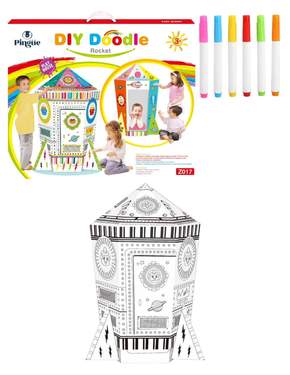 PINGÜE® DIY Doodle | Cohete Espacial 82x76x119 | Cohete de Cartón para Niños | Apto para Pintar | Incluye 6 Marcadores de Colores | Uso Interior y Exterior | Amigable al Medio Ambiente | Juguetes Niños y Niñas | Juguete Educativo