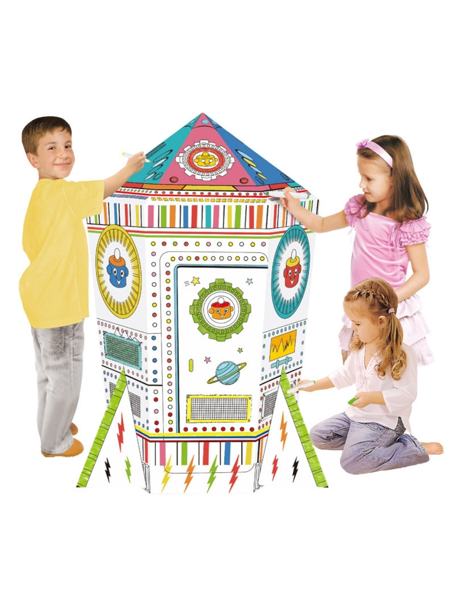 PINGÜE® DIY Doodle | Cohete Espacial 82x76x119 | Cohete de Cartón para Niños | Apto para Pintar | Incluye 6 Marcadores de Colores | Uso Interior y Exterior | Amigable al Medio Ambiente | Juguetes Niños y Niñas | Juguete Educativo