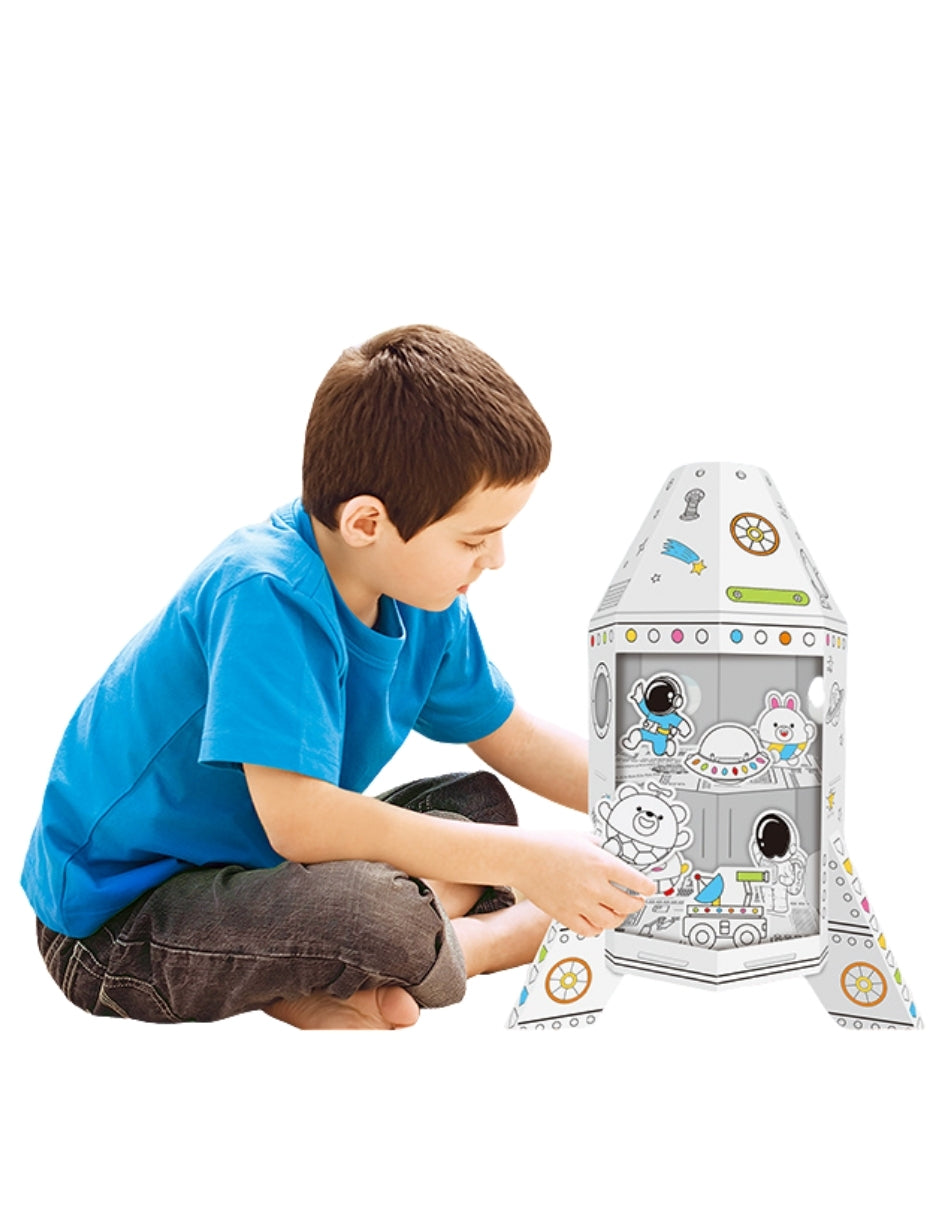 PINGÜE® DIY Doodle | Nave Espacial 32x28x46 | Armable de Cartón para Niños | Apta para Pintar | Incluye 3 Marcadores de Colores | Uso Interior y Exterior | Pulpa Vegetal Amigable al Medio Ambiente y Reciclable | Juguetes Niños y Niñas | Juguete Educativo