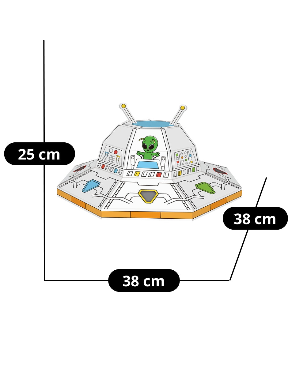 PINGÜE® DIY Doodle | Nave OVNI 38x38x25 | Armable de Cartón para Niños | Apta para Pintar | Incluye 3 Marcadores de Colores | Uso Interior y Exterior | Pulpa Vegetal Amigable al Medio Ambiente y Reciclable | Juguetes Niños y Niñas | Juguete Educativo